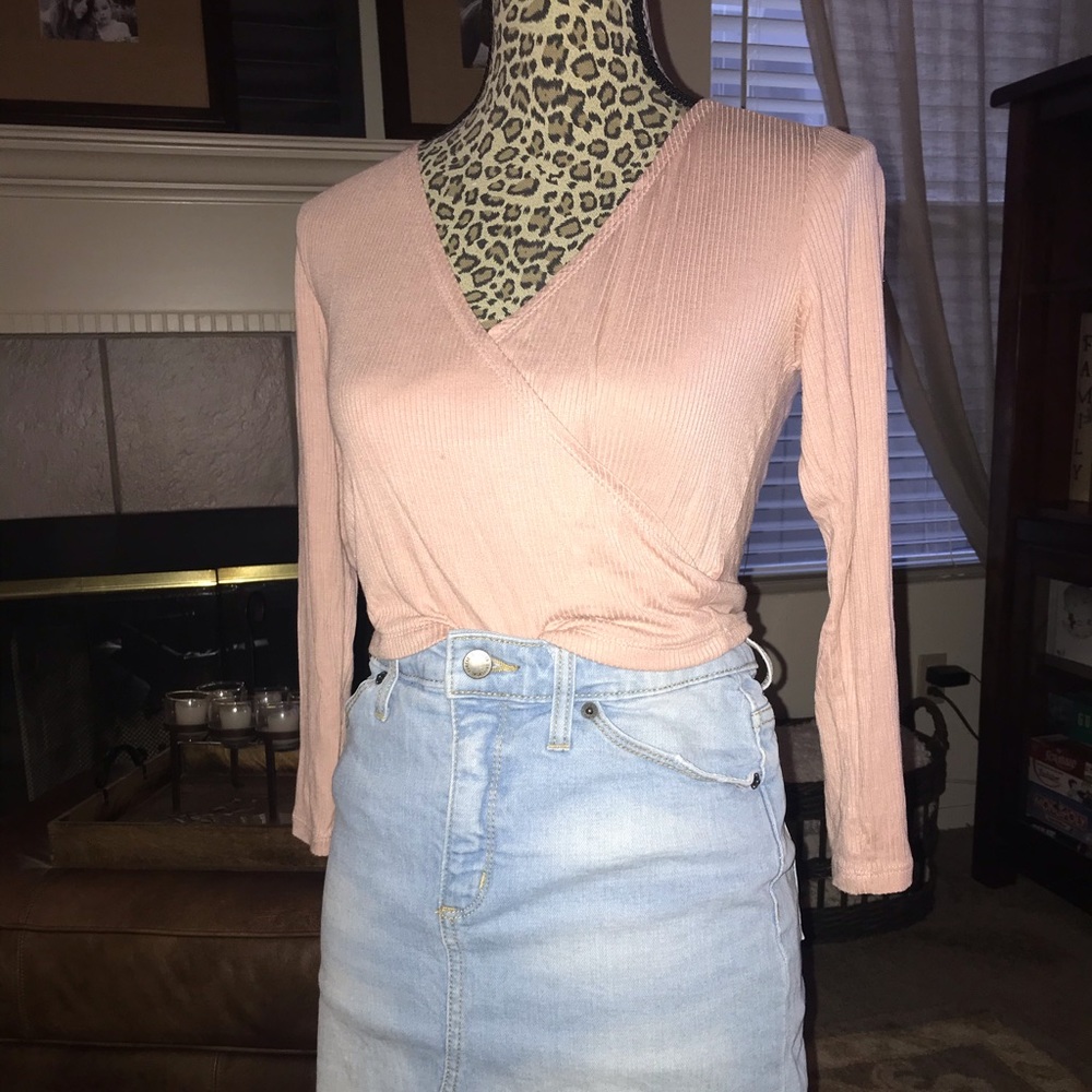Pink Cropped Mid Sleeve Wrap Top Size M